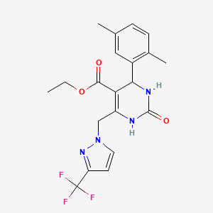 molecular formula C20H21F3N4O3 B11572208 ethyl 4-(2,5-dimethylphenyl)-2-oxo-6-{[3-(trifluoromethyl)-1H-pyrazol-1-yl]methyl}-1,2,3,4-tetrahydropyrimidine-5-carboxylate 