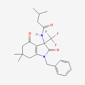 molecular formula C23H27F3N2O3 B11572241 N-[1-benzyl-6,6-dimethyl-2,4-dioxo-3-(trifluoromethyl)-2,3,4,5,6,7-hexahydro-1H-indol-3-yl]-3-methylbutanamide 