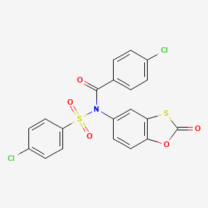 molecular formula C20H11Cl2NO5S2 B11572248 4-chloro-N-[(4-chlorophenyl)sulfonyl]-N-(2-oxo-1,3-benzoxathiol-5-yl)benzamide 