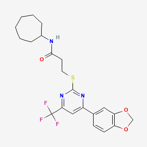 molecular formula C22H24F3N3O3S B11572319 3-{[4-(1,3-benzodioxol-5-yl)-6-(trifluoromethyl)pyrimidin-2-yl]sulfanyl}-N-cycloheptylpropanamide 