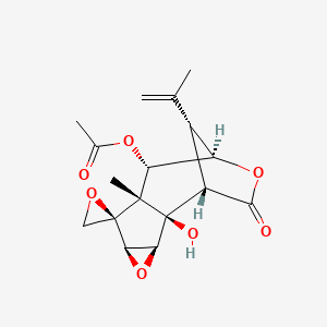 molecular formula C17H20O7 B1157234 [(1S,2R,3S,5R,6R,7R,8S,9R,12R)-2-Hydroxy-7-methyl-11-oxo-12-prop-1-en-2-ylspiro[4,10-dioxatetracyclo[7.2.1.02,7.03,5]dodecane-6,2'-oxirane]-8-yl] acetate CAS No. 2749-28-2