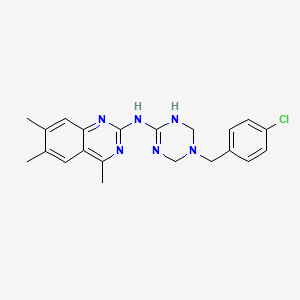 molecular formula C21H23ClN6 B11572521 N-[5-(4-chlorobenzyl)-1,3,5-triazinan-2-ylidene]-4,6,7-trimethylquinazolin-2-amine 