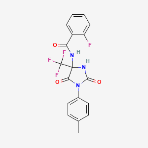 molecular formula C18H13F4N3O3 B11572667 2-fluoro-N-[1-(4-methylphenyl)-2,5-dioxo-4-(trifluoromethyl)imidazolidin-4-yl]benzamide 