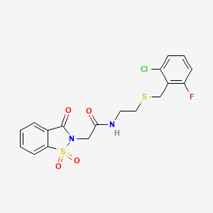 molecular formula C18H16ClFN2O4S2 B11572690 N-{2-[(2-chloro-6-fluorobenzyl)sulfanyl]ethyl}-2-(1,1-dioxido-3-oxo-1,2-benzothiazol-2(3H)-yl)acetamide 