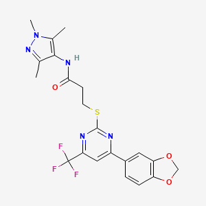 molecular formula C21H20F3N5O3S B11572858 3-{[4-(1,3-benzodioxol-5-yl)-6-(trifluoromethyl)pyrimidin-2-yl]sulfanyl}-N-(1,3,5-trimethyl-1H-pyrazol-4-yl)propanamide 