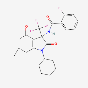 molecular formula C24H26F4N2O3 B11572908 N-[1-cyclohexyl-6,6-dimethyl-2,4-dioxo-3-(trifluoromethyl)-2,3,4,5,6,7-hexahydro-1H-indol-3-yl]-2-fluorobenzamide 