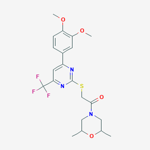 molecular formula C21H24F3N3O4S B11573208 2-{[4-(3,4-Dimethoxyphenyl)-6-(trifluoromethyl)pyrimidin-2-yl]sulfanyl}-1-(2,6-dimethylmorpholin-4-yl)ethanone 