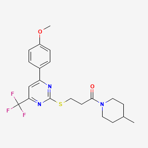 molecular formula C21H24F3N3O2S B11573487 3-{[4-(4-Methoxyphenyl)-6-(trifluoromethyl)pyrimidin-2-yl]sulfanyl}-1-(4-methylpiperidin-1-yl)propan-1-one 