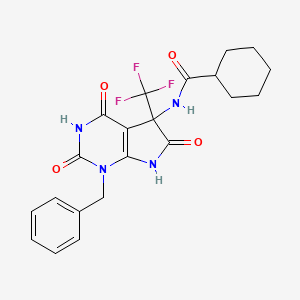 molecular formula C21H21F3N4O4 B11573642 N-[1-benzyl-4-hydroxy-2,6-dioxo-5-(trifluoromethyl)-2,5,6,7-tetrahydro-1H-pyrrolo[2,3-d]pyrimidin-5-yl]cyclohexanecarboxamide 