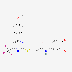 molecular formula C23H22F3N3O4S B11573655 N-(3,4-dimethoxyphenyl)-3-{[4-(4-methoxyphenyl)-6-(trifluoromethyl)pyrimidin-2-yl]sulfanyl}propanamide 