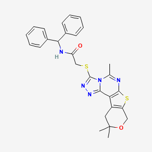 molecular formula C28H27N5O2S2 B11573827 N-benzhydryl-2-[(7,14,14-trimethyl-13-oxa-10-thia-3,4,6,8-tetrazatetracyclo[7.7.0.02,6.011,16]hexadeca-1(9),2,4,7,11(16)-pentaen-5-yl)sulfanyl]acetamide 