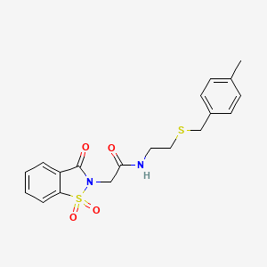 molecular formula C19H20N2O4S2 B11573931 N-[2-[(4-methylphenyl)methylsulfanyl]ethyl]-2-(1,1,3-trioxo-1,2-benzothiazol-2-yl)acetamide 