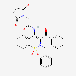 molecular formula C28H23N3O6S B11574074 N-[2-benzyl-1,1-dioxido-3-(phenylcarbonyl)-2H-1,2-benzothiazin-4-yl]-2-(2,5-dioxopyrrolidin-1-yl)acetamide 