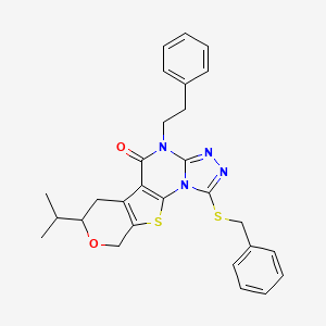 molecular formula C28H28N4O2S2 B11574320 3-benzylsulfanyl-7-(2-phenylethyl)-12-propan-2-yl-13-oxa-16-thia-2,4,5,7-tetrazatetracyclo[7.7.0.02,6.010,15]hexadeca-1(9),3,5,10(15)-tetraen-8-one 