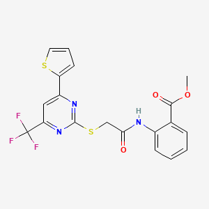 molecular formula C19H14F3N3O3S2 B11574328 Methyl 2-[({[4-(thiophen-2-yl)-6-(trifluoromethyl)pyrimidin-2-yl]sulfanyl}acetyl)amino]benzoate 