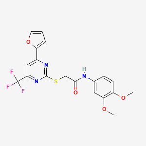 molecular formula C19H16F3N3O4S B11574622 N-(3,4-dimethoxyphenyl)-2-{[4-(furan-2-yl)-6-(trifluoromethyl)pyrimidin-2-yl]sulfanyl}acetamide 