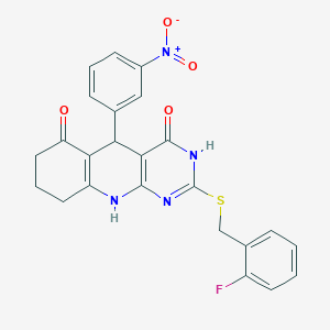 molecular formula C24H19FN4O4S B11574630 2-[(2-fluorobenzyl)sulfanyl]-5-(3-nitrophenyl)-5,8,9,10-tetrahydropyrimido[4,5-b]quinoline-4,6(3H,7H)-dione 