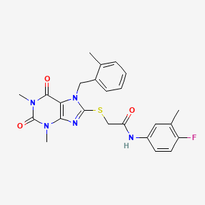 molecular formula C24H24FN5O3S B11574640 2-{[1,3-dimethyl-7-(2-methylbenzyl)-2,6-dioxo-2,3,6,7-tetrahydro-1H-purin-8-yl]sulfanyl}-N-(4-fluoro-3-methylphenyl)acetamide 