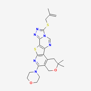 molecular formula C23H26N6O2S2 B11574951 18,18-dimethyl-6-(2-methylprop-2-enylsulfanyl)-14-morpholin-4-yl-17-oxa-11-thia-3,5,7,8,13-pentazapentacyclo[10.8.0.02,10.05,9.015,20]icosa-1(12),2(10),3,6,8,13,15(20)-heptaene 