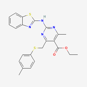 molecular formula C23H22N4O2S2 B11574968 Ethyl 2-(1,3-benzothiazol-2-ylamino)-4-methyl-6-{[(4-methylphenyl)sulfanyl]methyl}pyrimidine-5-carboxylate 