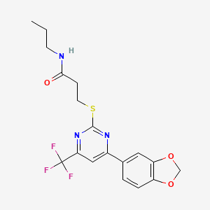 molecular formula C18H18F3N3O3S B11574975 3-{[4-(1,3-benzodioxol-5-yl)-6-(trifluoromethyl)pyrimidin-2-yl]sulfanyl}-N-propylpropanamide 