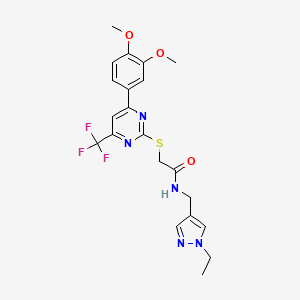 molecular formula C21H22F3N5O3S B11575107 2-{[4-(3,4-dimethoxyphenyl)-6-(trifluoromethyl)pyrimidin-2-yl]sulfanyl}-N-[(1-ethyl-1H-pyrazol-4-yl)methyl]acetamide 