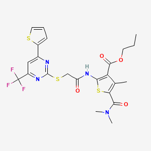 molecular formula C23H23F3N4O4S3 B11575227 Propyl 5-(dimethylcarbamoyl)-4-methyl-2-[({[4-(thiophen-2-yl)-6-(trifluoromethyl)pyrimidin-2-yl]sulfanyl}acetyl)amino]thiophene-3-carboxylate 