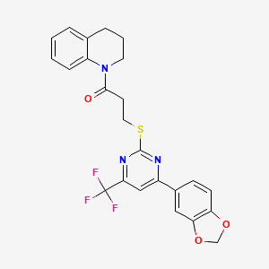 molecular formula C24H20F3N3O3S B11575350 3-{[4-(1,3-benzodioxol-5-yl)-6-(trifluoromethyl)pyrimidin-2-yl]sulfanyl}-1-(3,4-dihydroquinolin-1(2H)-yl)propan-1-one 