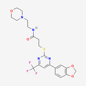 molecular formula C21H23F3N4O4S B11575470 3-{[4-(1,3-benzodioxol-5-yl)-6-(trifluoromethyl)pyrimidin-2-yl]sulfanyl}-N-[2-(morpholin-4-yl)ethyl]propanamide 