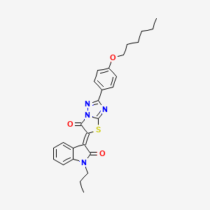 molecular formula C27H28N4O3S B11575483 (3Z)-3-{2-[4-(hexyloxy)phenyl]-6-oxo[1,3]thiazolo[3,2-b][1,2,4]triazol-5(6H)-ylidene}-1-propyl-1,3-dihydro-2H-indol-2-one 