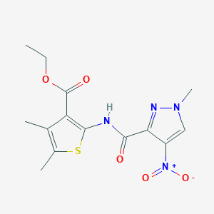 molecular formula C14H16N4O5S B11575508 Thiophene-3-carboxylic acid, 4,5-dimethyl-2-[(1-methyl-4-nitro-1H-pyrazole-3-carbonyl)amino]-, ethyl ester 