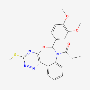 molecular formula C22H22N4O4S B11575542 1-[6-(3,4-dimethoxyphenyl)-3-(methylsulfanyl)[1,2,4]triazino[5,6-d][3,1]benzoxazepin-7(6H)-yl]propan-1-one 