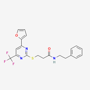 molecular formula C20H18F3N3O2S B11575543 3-(4-Furan-2-yl-6-trifluoromethyl-pyrimidin-2-ylsulfanyl)-N-phenethyl-propionamide 