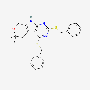 molecular formula C25H25N3OS2 B11575673 3,5-bis(benzylsulfanyl)-12,12-dimethyl-11-oxa-4,6,8-triazatricyclo[7.4.0.02,7]trideca-1(9),2(7),3,5-tetraene 