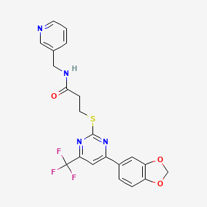 molecular formula C21H17F3N4O3S B11575770 3-{[4-(1,3-benzodioxol-5-yl)-6-(trifluoromethyl)pyrimidin-2-yl]sulfanyl}-N-(pyridin-3-ylmethyl)propanamide 