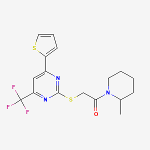 molecular formula C17H18F3N3OS2 B11576054 1-(2-Methylpiperidin-1-yl)-2-{[4-(thiophen-2-yl)-6-(trifluoromethyl)pyrimidin-2-yl]sulfanyl}ethanone 