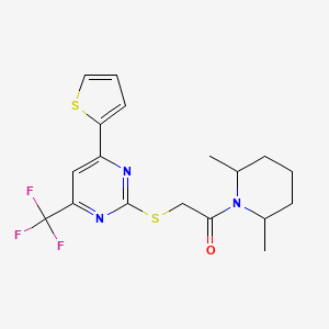 molecular formula C18H20F3N3OS2 B11576064 1-(2,6-Dimethylpiperidin-1-yl)-2-{[4-(thiophen-2-yl)-6-(trifluoromethyl)pyrimidin-2-yl]sulfanyl}ethanone 