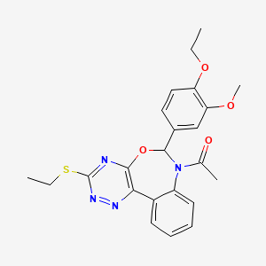 molecular formula C23H24N4O4S B11576162 1-[6-(4-ethoxy-3-methoxyphenyl)-3-(ethylsulfanyl)[1,2,4]triazino[5,6-d][3,1]benzoxazepin-7(6H)-yl]ethanone 