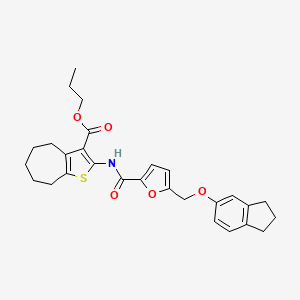 molecular formula C28H31NO5S B11576269 propyl 2-[({5-[(2,3-dihydro-1H-inden-5-yloxy)methyl]furan-2-yl}carbonyl)amino]-5,6,7,8-tetrahydro-4H-cyclohepta[b]thiophene-3-carboxylate 