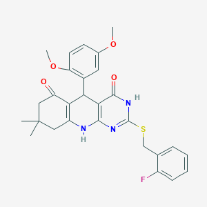 molecular formula C28H28FN3O4S B11576270 5-(2,5-Dimethoxyphenyl)-2-{[(2-fluorophenyl)methyl]sulfanyl}-8,8-dimethyl-3H,4H,5H,6H,7H,8H,9H,10H-pyrimido[4,5-B]quinoline-4,6-dione 