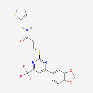 3-{[4-(1,3-benzodioxol-5-yl)-6-(trifluoromethyl)pyrimidin-2-yl]sulfanyl}-N-(thiophen-2-ylmethyl)propanamide