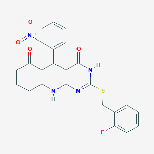 molecular formula C24H19FN4O4S B11576359 2-[(2-fluorobenzyl)sulfanyl]-5-(2-nitrophenyl)-5,8,9,10-tetrahydropyrimido[4,5-b]quinoline-4,6(3H,7H)-dione 