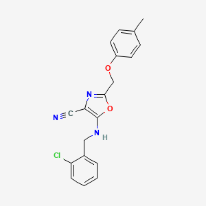 molecular formula C19H16ClN3O2 B11576368 5-[(2-Chlorobenzyl)amino]-2-[(4-methylphenoxy)methyl]-1,3-oxazole-4-carbonitrile 