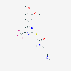 molecular formula C22H29F3N4O3S B11576649 N-[3-(diethylamino)propyl]-2-{[4-(3,4-dimethoxyphenyl)-6-(trifluoromethyl)pyrimidin-2-yl]sulfanyl}acetamide 