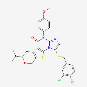 molecular formula C27H24Cl2N4O3S2 B11576740 3-[(3,4-dichlorophenyl)methylsulfanyl]-7-(4-methoxyphenyl)-12-propan-2-yl-13-oxa-16-thia-2,4,5,7-tetrazatetracyclo[7.7.0.02,6.010,15]hexadeca-1(9),3,5,10(15)-tetraen-8-one 