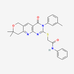 molecular formula C27H26N4O3S B11576850 2-[[13,13-dimethyl-6-(3-methylphenyl)-7-oxo-12-oxa-2,4,6-triazatricyclo[8.4.0.03,8]tetradeca-1,3(8),4,9-tetraen-5-yl]sulfanyl]-N-phenylacetamide 