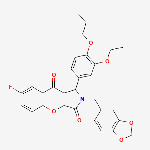 molecular formula C30H26FNO7 B11577233 2-(1,3-Benzodioxol-5-ylmethyl)-1-(3-ethoxy-4-propoxyphenyl)-7-fluoro-1,2-dihydrochromeno[2,3-c]pyrrole-3,9-dione 