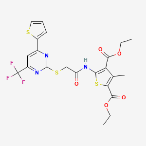 molecular formula C22H20F3N3O5S3 B11577553 Diethyl 3-methyl-5-[({[4-(thiophen-2-yl)-6-(trifluoromethyl)pyrimidin-2-yl]sulfanyl}acetyl)amino]thiophene-2,4-dicarboxylate 