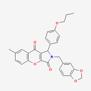 molecular formula C29H25NO6 B11577682 2-(1,3-Benzodioxol-5-ylmethyl)-7-methyl-1-(4-propoxyphenyl)-1,2-dihydrochromeno[2,3-c]pyrrole-3,9-dione 