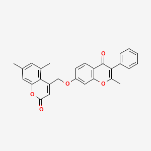 molecular formula C28H22O5 B11578053 5,7-dimethyl-4-{[(2-methyl-4-oxo-3-phenyl-4H-chromen-7-yl)oxy]methyl}-2H-chromen-2-one 